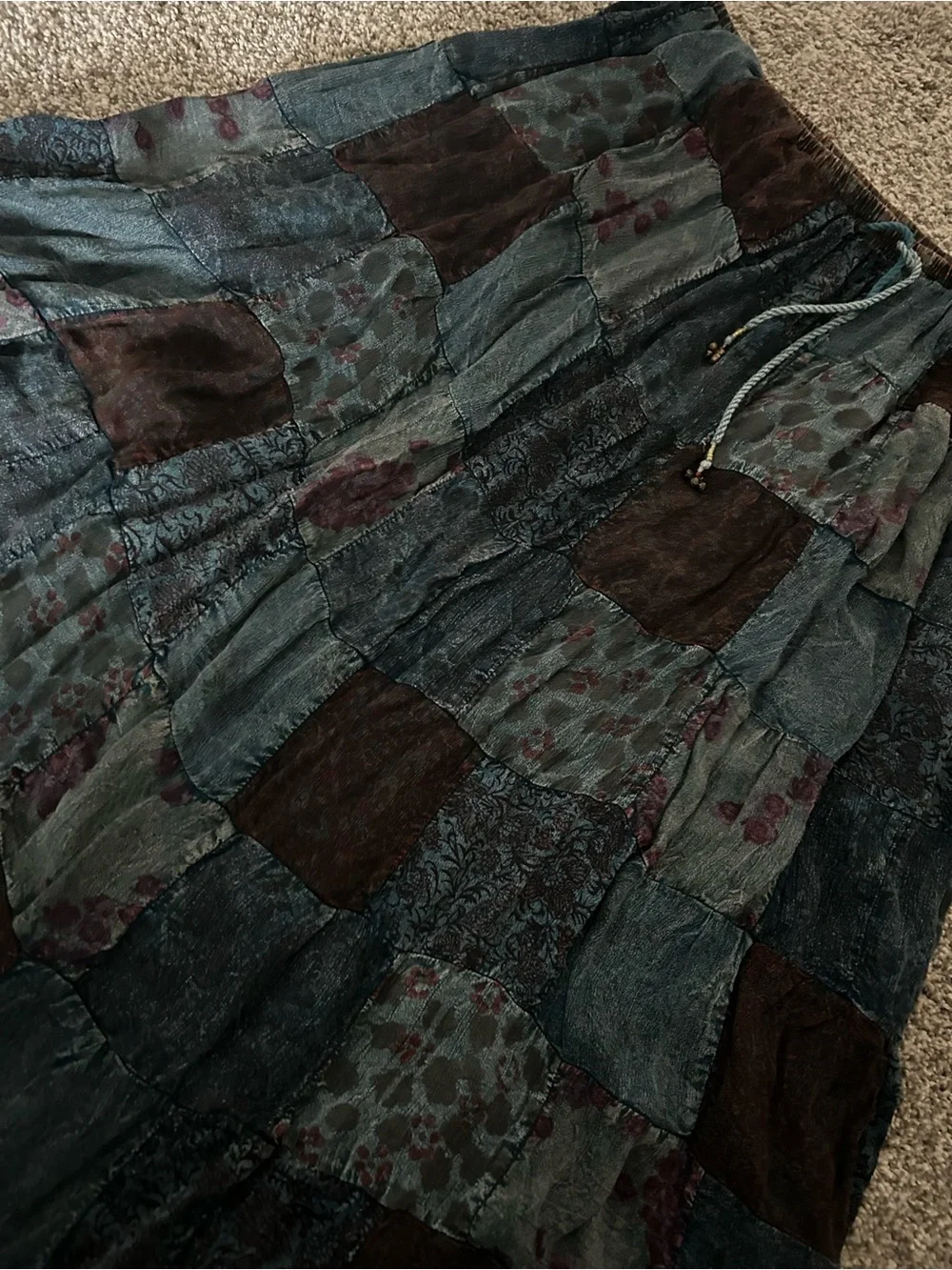 Bohemian Patchwork Maxi Skirt - Teal & Brown - Picture 2 of 3